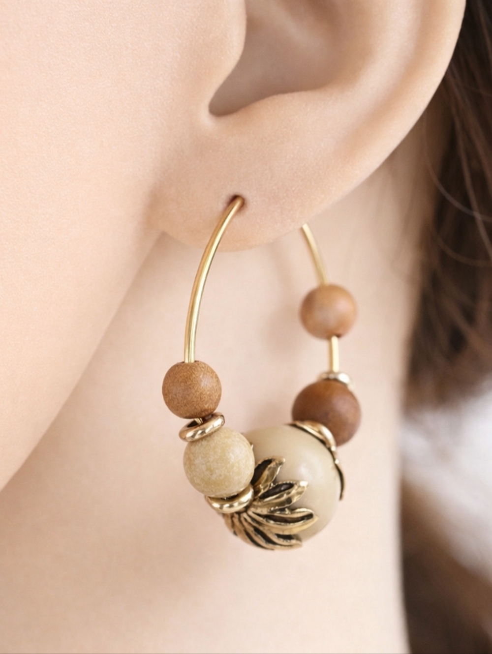 Boho Beaded Hoop Earrings – Natural Wood Look Beads, Gold-Tone Wire – Jewelry #4